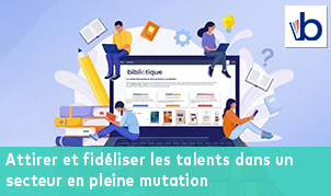 Illustration d'un ordinateur portable représentant une bibliothèque numérique entourée de personnages lisant et de livres : Attirer et fidéliser les talents dans un secteur en pleine mutation