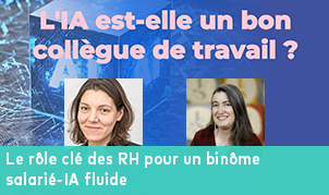 Portraits de deux femmes sur fond bleu numérique avec circuits : L'IA est-elle un bon collègue de travail ? Le rôle clé des RH pour un binôme salarié-IA fluide